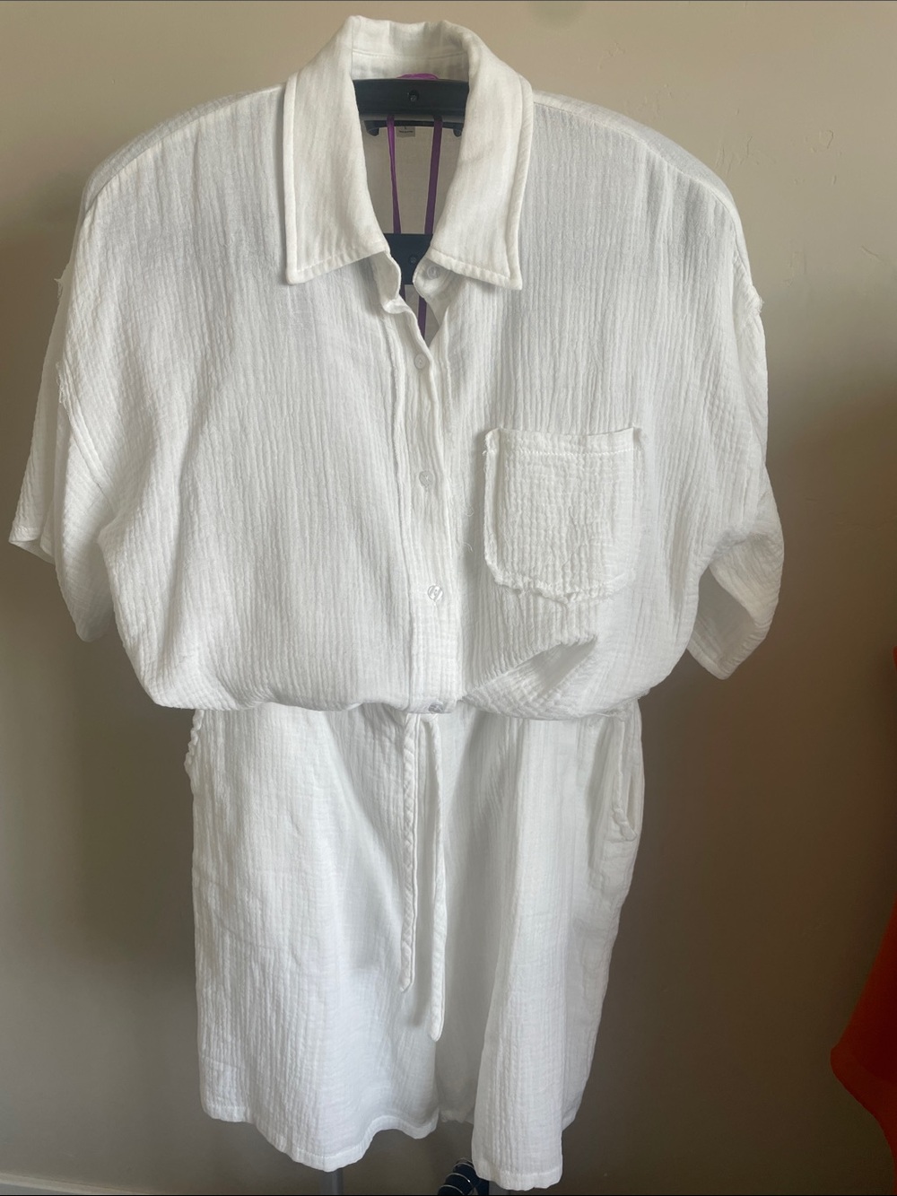 White Women's Button-Front gauze shirt with Drawstring shorts.
